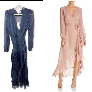 Wayf only you ruffled wrap navy sheer maxi v neck dress